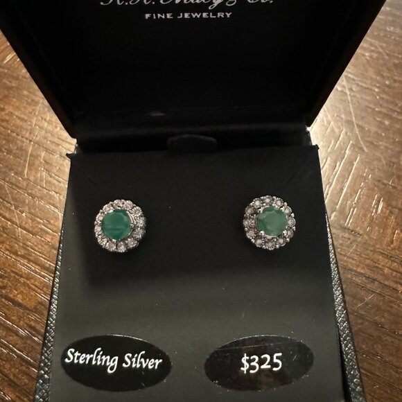 Emerald and Diamond Earrings Set in Sterling Silver - New in Box - Picture 2 of 4